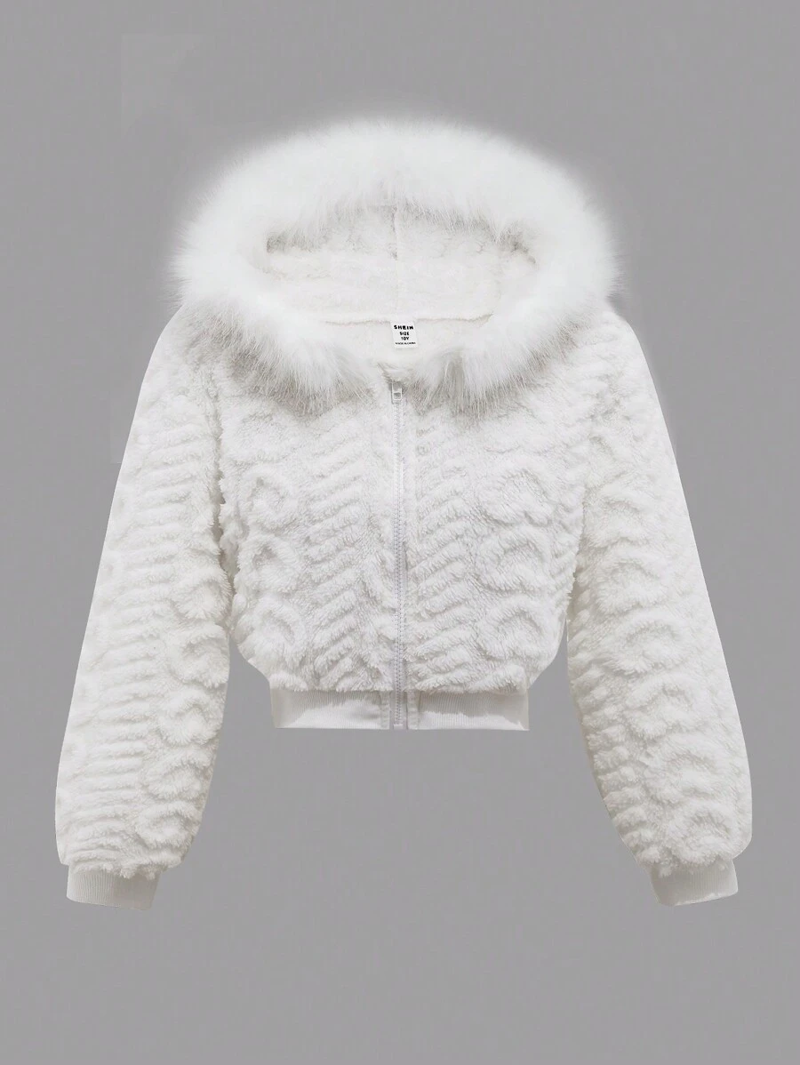 WESTFADE Young Tween Girls Christmas Street Style Short Fuzzy Colorblock Letter Print Jacket, Perfect For Daily Wear,School,White Jacket,In Spring And Fall And Winter