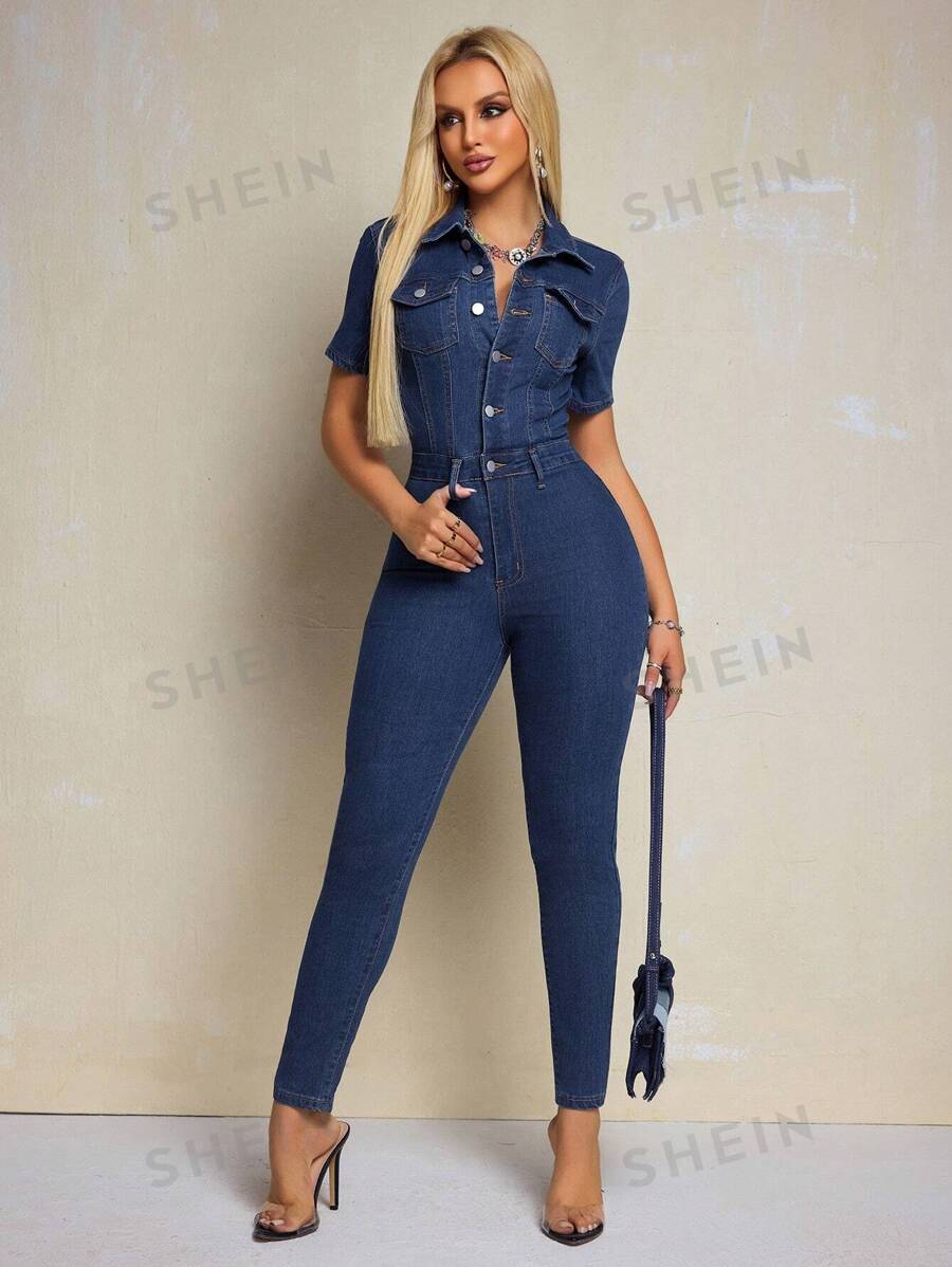 SHEIN Essnce Mono con botón delantero delgado mezclilla