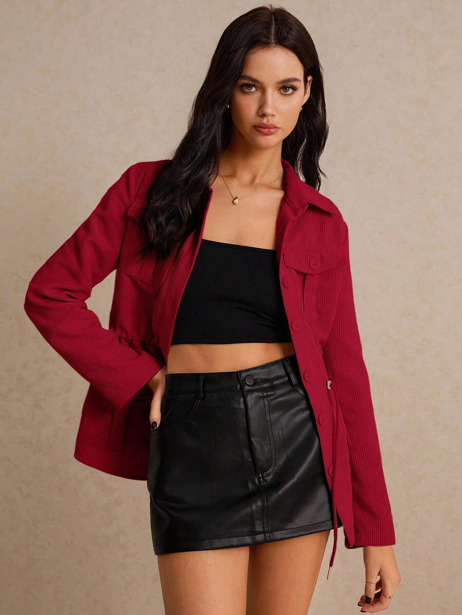 Poéselle Women's Casual Solid Color Drawstring Waist Jacket, Autumn