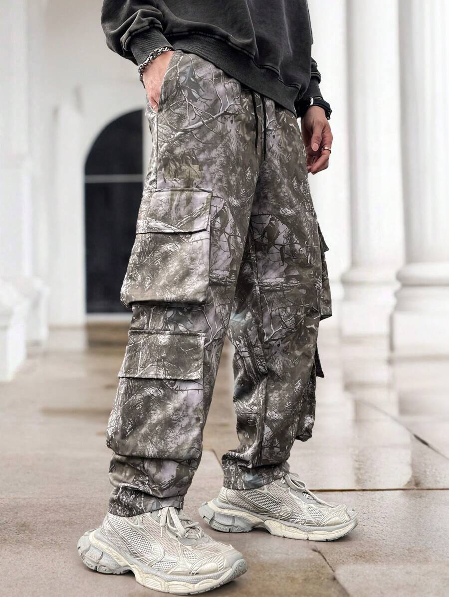Manfinity LEGND Pantalones de carga de utilidad con bolsillo con solapa de talla grande, estilo casual callejero para hombre, pantalones de moda para salir, regalos para el esposo o novio