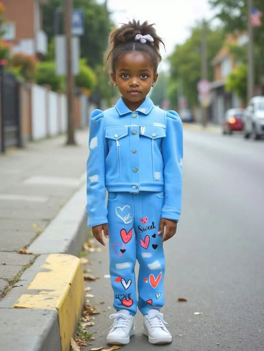 Conjunto de para niñas de otoño/invierno, con textura de efecto de mezclilla, estampado de corazones, estilo desgarrado, tela de alta elasticidad, de ajuste ceñido