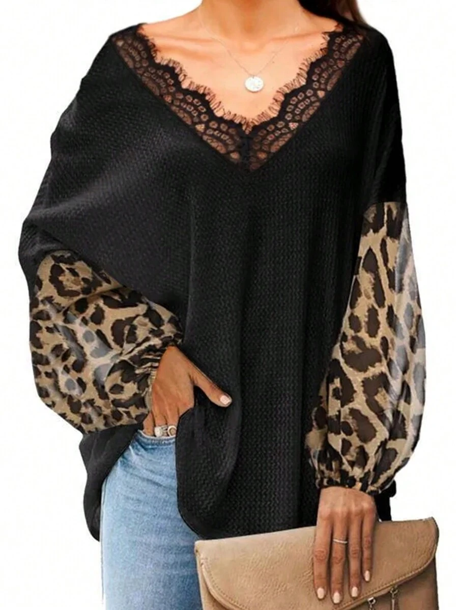 INAWLY Women's Lace Patchwork Long Sleeve Casual T-Shirt, Everyday Wear Graphic Cheetah Print Tees Women Tops For Spring Outfit