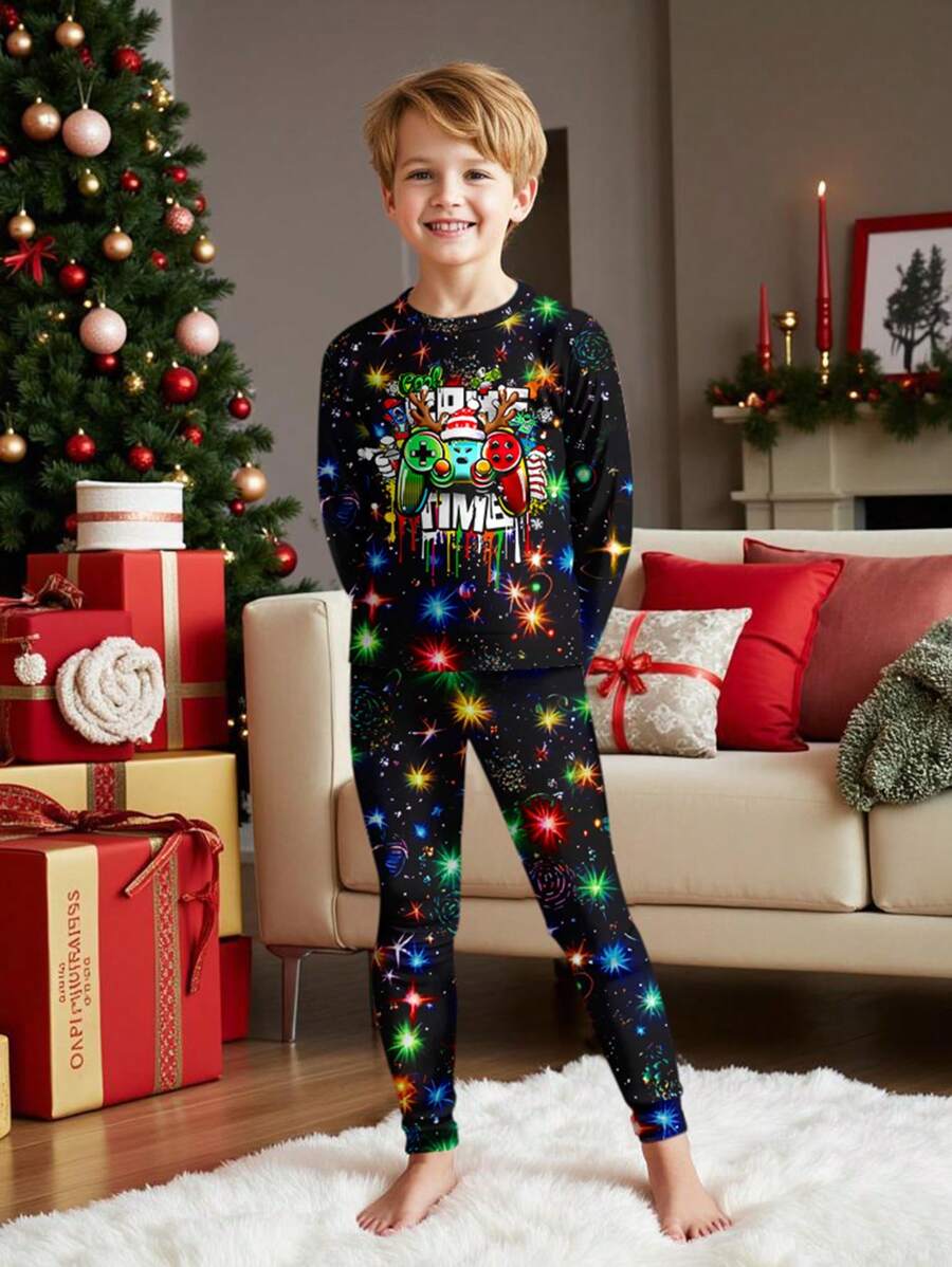 SHEIN Conjunto de pijama de manga larga y cuello redondo ajustado con elementos gráficos navideños minimalistas, cómodo para otoño/invierno, para niño preadolescente