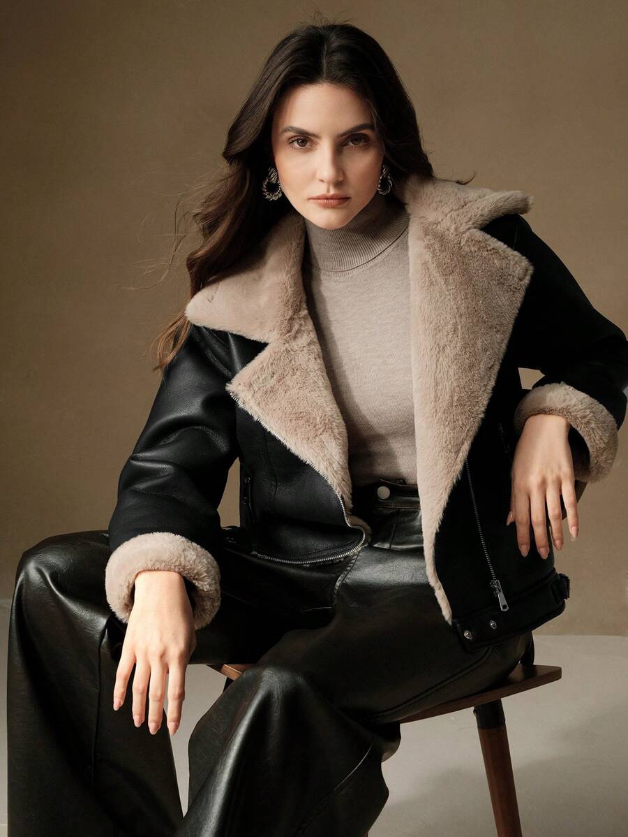Anewsta Veste femme en PU noir et col de lapin