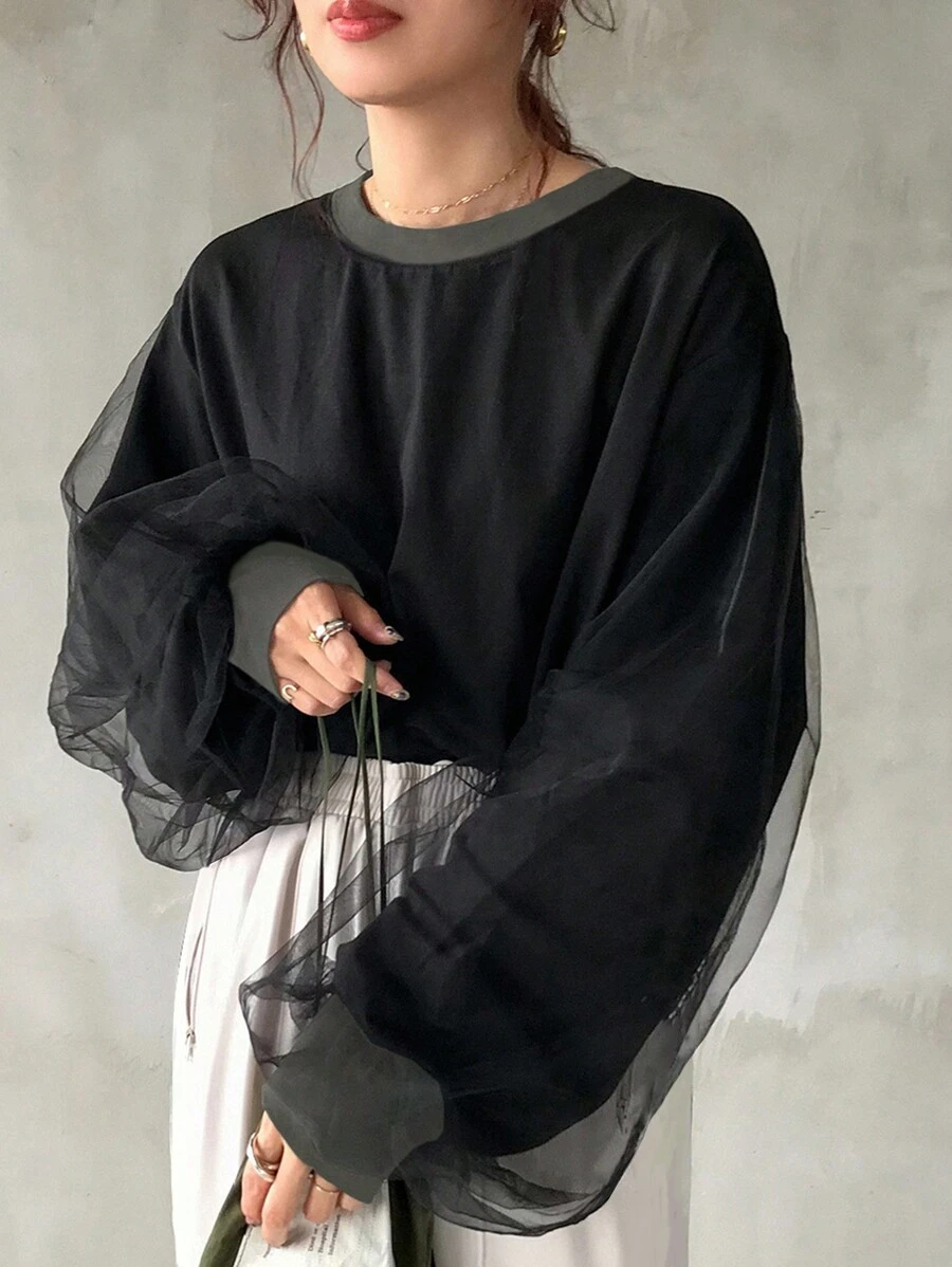 FRIFUL Women's Mesh Contrast Loose Batwing Sleeve Round Neck T-Shirt,Fall Clothes