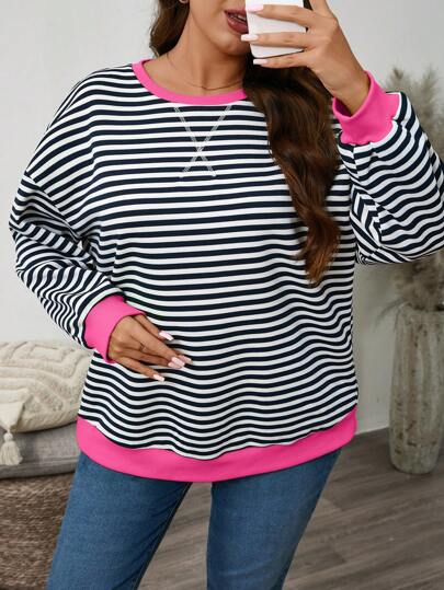 SHEIN LUNE Contrasting Stripe Comfortable Sporty & Casual Pullover Sweatshirt, Material, Versatile For Plus Size