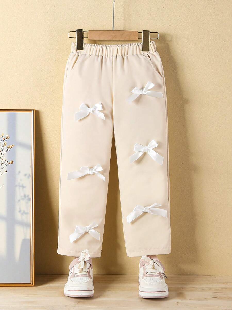 SHEIN Pantalones rectos con lazo delantero para niña joven