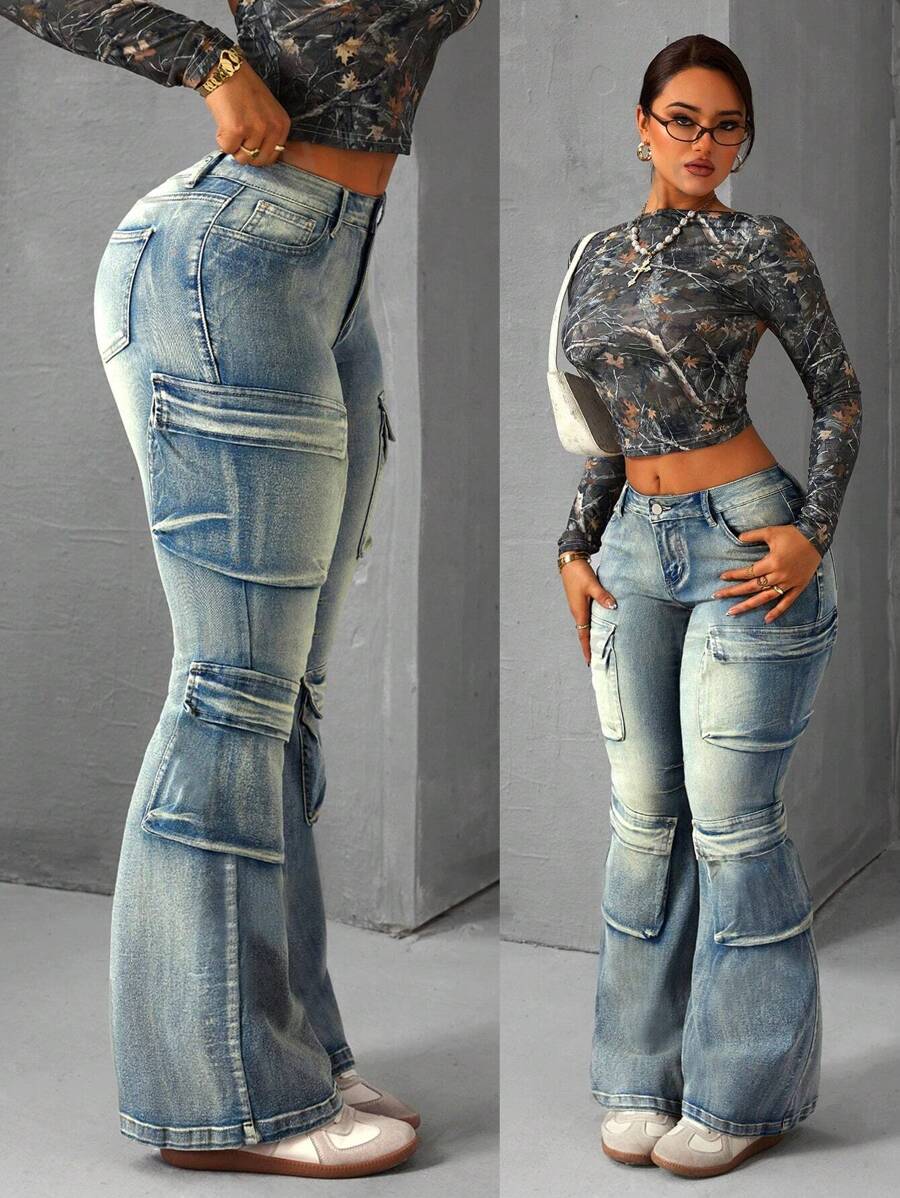 SHEIN ICON Jeans de mezclilla casuales y versátiles con múltiples bolsillos y vuelo para mujer