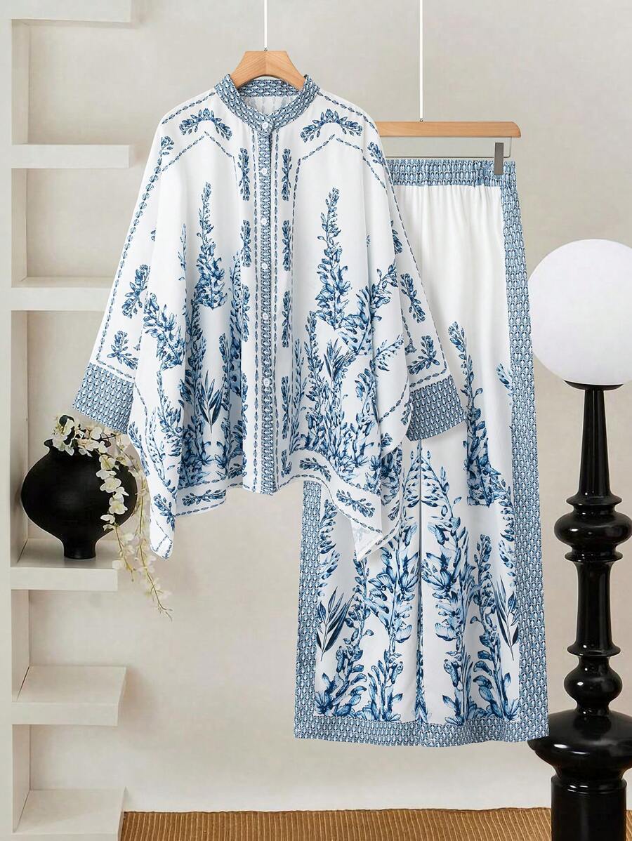 2 pièces/Set Top imprimé à manches longues avec boutons devant et pantalon, tenue casual grande taille