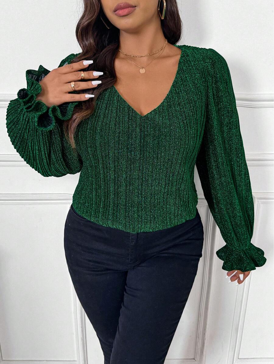 SHEIN Frenchy Plus Size Green V-Neck Glitter Embellished Party Shirt, Long Sleeve