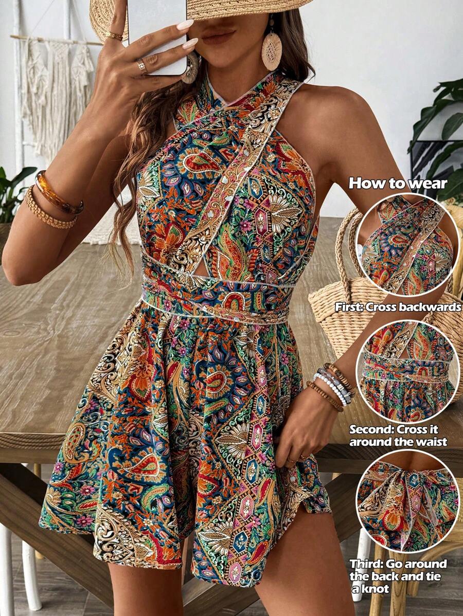 Breezaya Ladies' Paisley Print Criss-Cross Halter Jumpsuit, Holiday Style