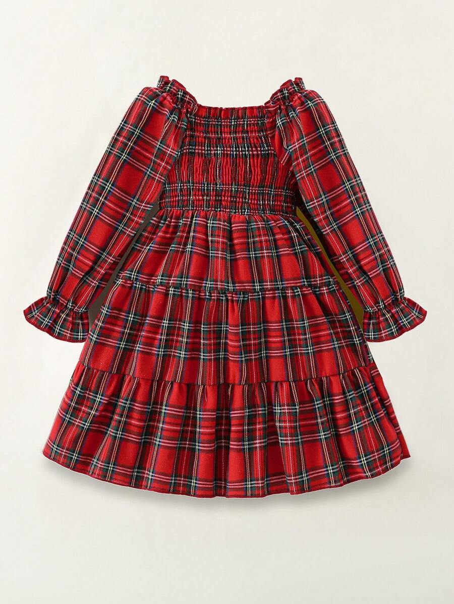 SHEIN Girls' Cotton Ruffled Collar Puff Sleeve Layered Hem Plaid Dress, Red