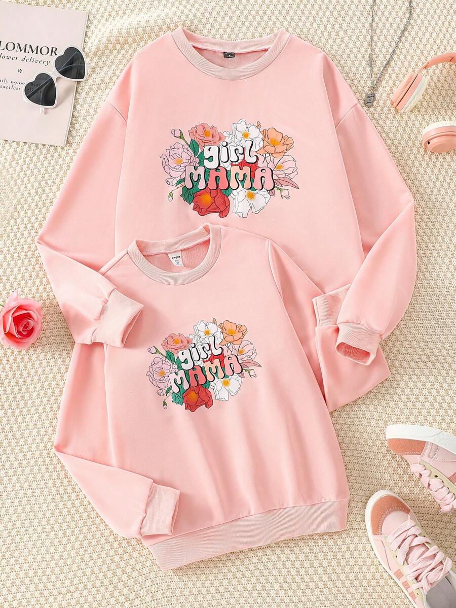 SHEIN Girls' Minimalist Cute Floral & Letter Print Round Neck Ribbed Long Sleeve Sweatshirt