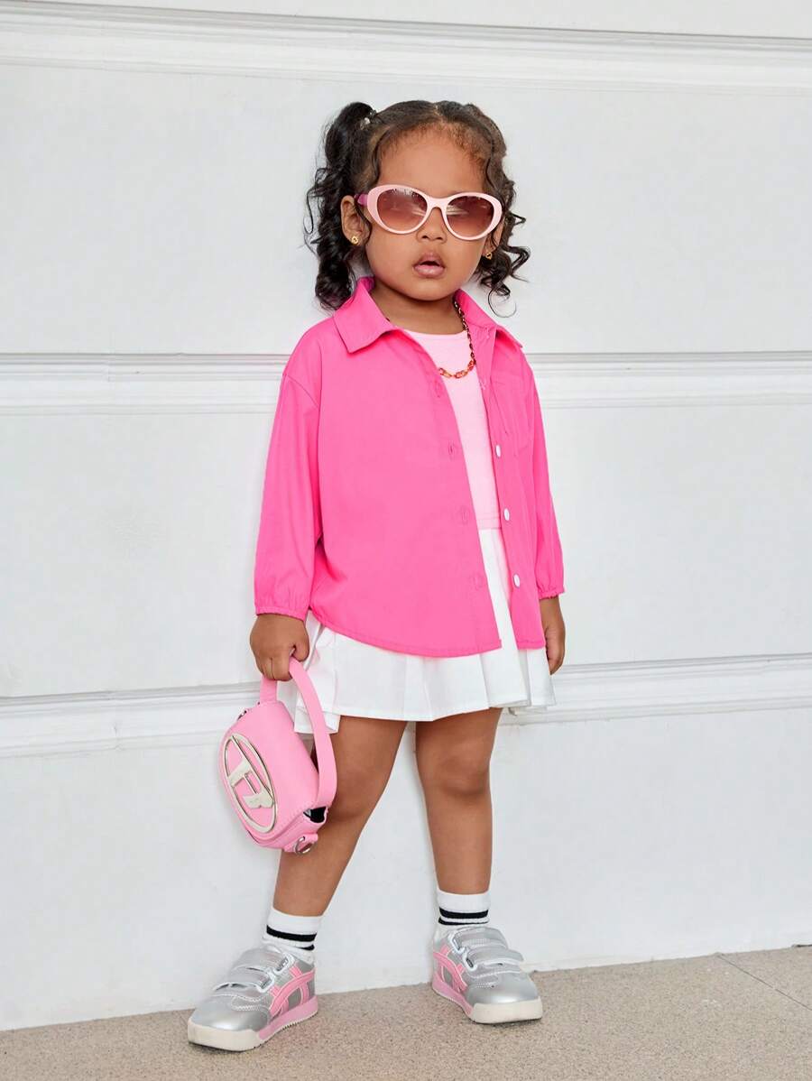 SHEIN Set de 3 piezas para bebé niña: Camiseta rosa linda, falda plisada cintura elástica y camisa, para primavera/verano