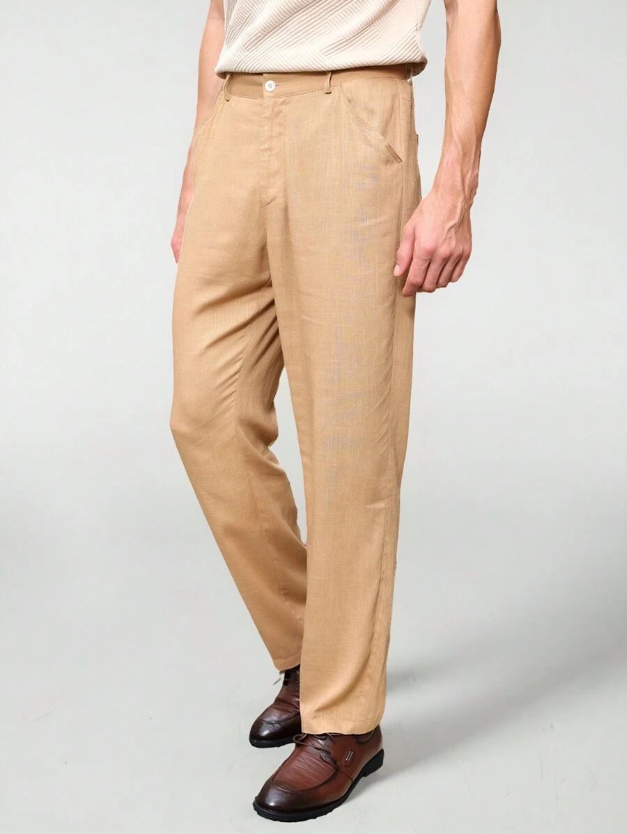 Manfinity VCAY Pantalones informales y de negocios tejidos para hombre Manfinity Bizwear de cintura media y piernas rectas largas de unicolor en khaki, para primavera/verano