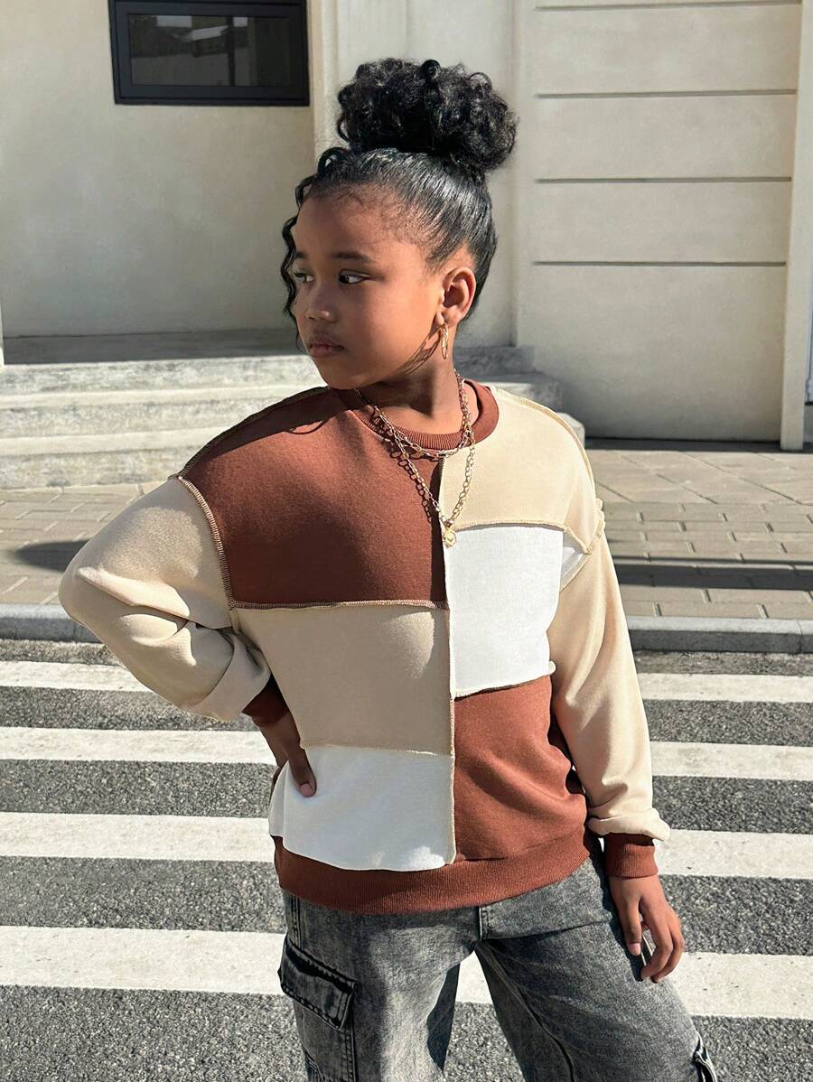 SHEIN Tween-Mädchen Lässiger Pullover mit Rundhalsausschnitt und Farbblockdesign. Lockeres Langarm-Sweatshirt