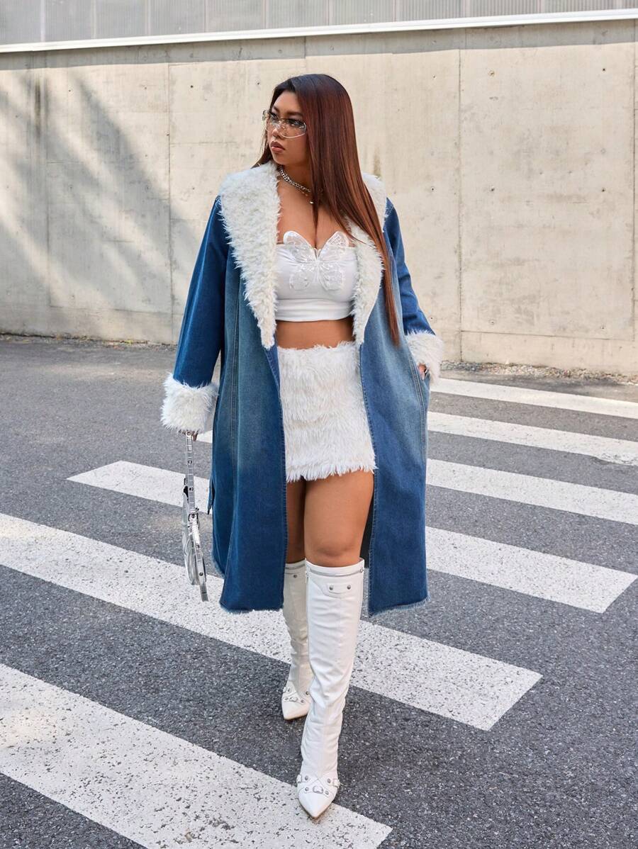 SHEIN ICON Plus Size Casual Color Block Fuzzy Patchwork Long Denim Jacket For Autumn/Winter