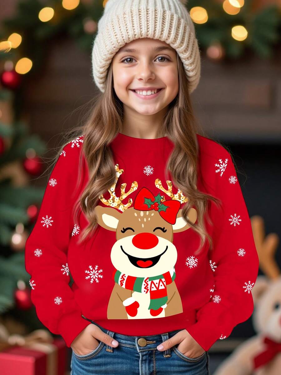 SHEIN Sudadera holgada de cuello redondo, cómoda y de punto para uso diario con estampado navideño de ciervos, árbol de Navidad y copos de nieve, apropiada para otoño/invierno, para niñas preadolescentes