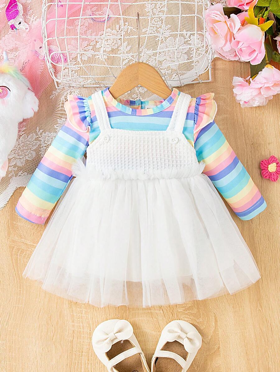 SHEIN Ensemble costume 2-en-1 pour bébé fille de 2 à 24 mois, rayures arc-en-ciel, confortable et adorable, automne