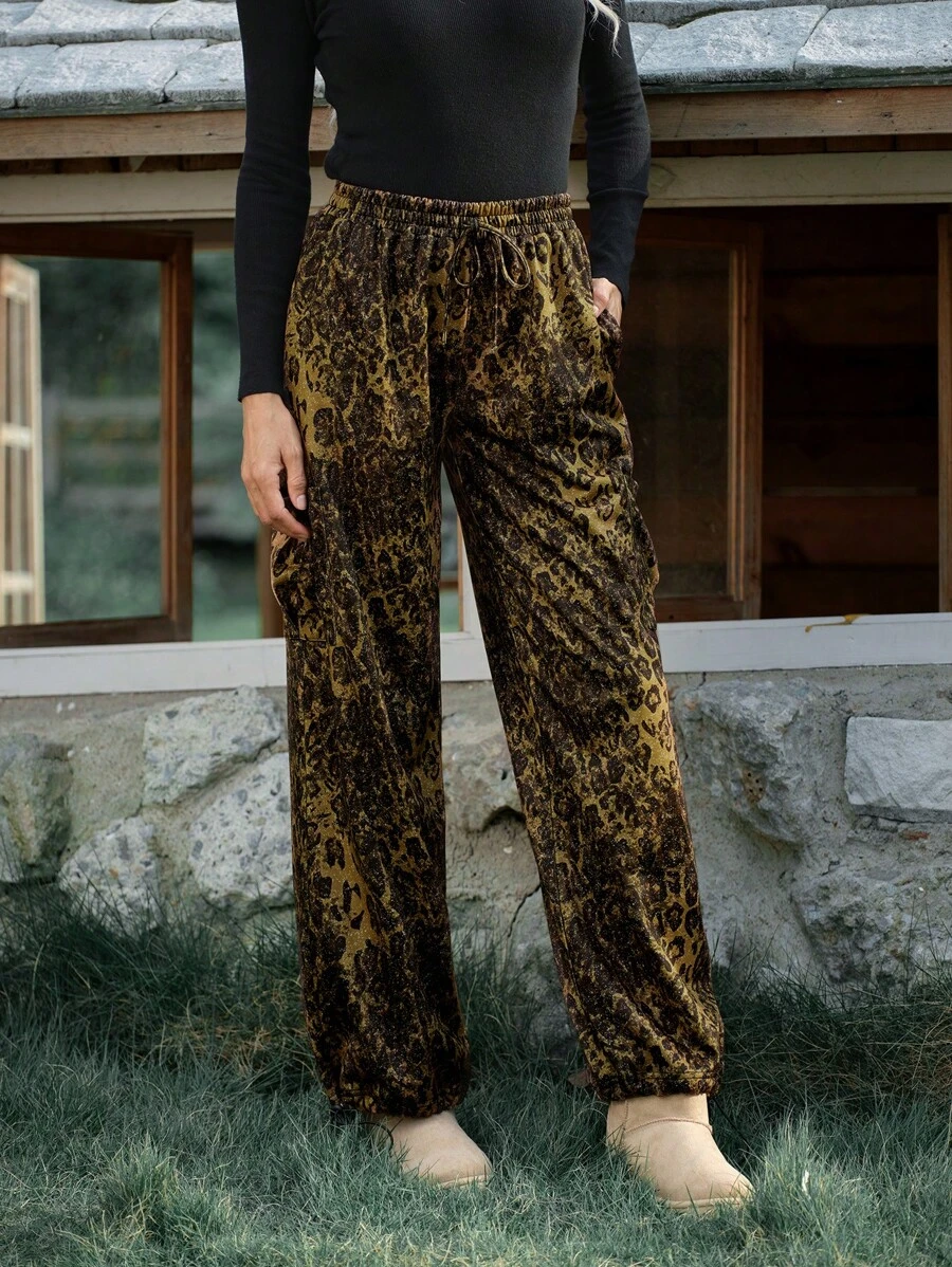 LanaWest Women's Street Leopard Print Vintage Casual Drawstring Waist Loose Straight Leg Sweatpants