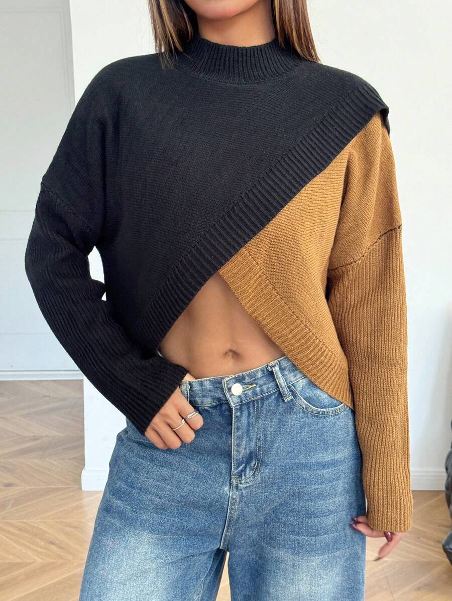 SHEIN Teen Girl's Casual/Autumn/Winter/Black And Brown Two-Color Overlapping Hem Sweater