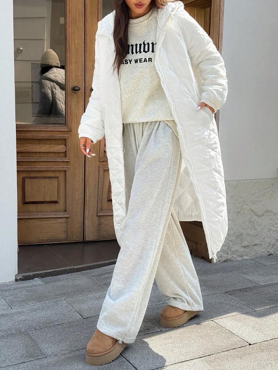 SHEIN EZwear Autumn/Winter All-Match Versatile Casual White Thermal Function Quilted Long Hooded Padded Coat