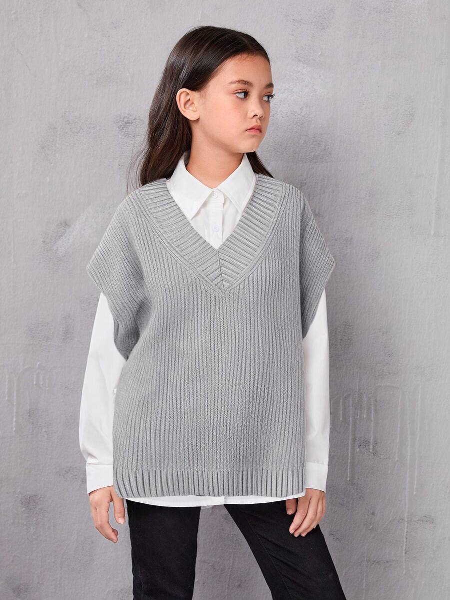 Chaleco holgado de largo medio con cuello en V y hombros caídos de color liso informal para niña preadolescente