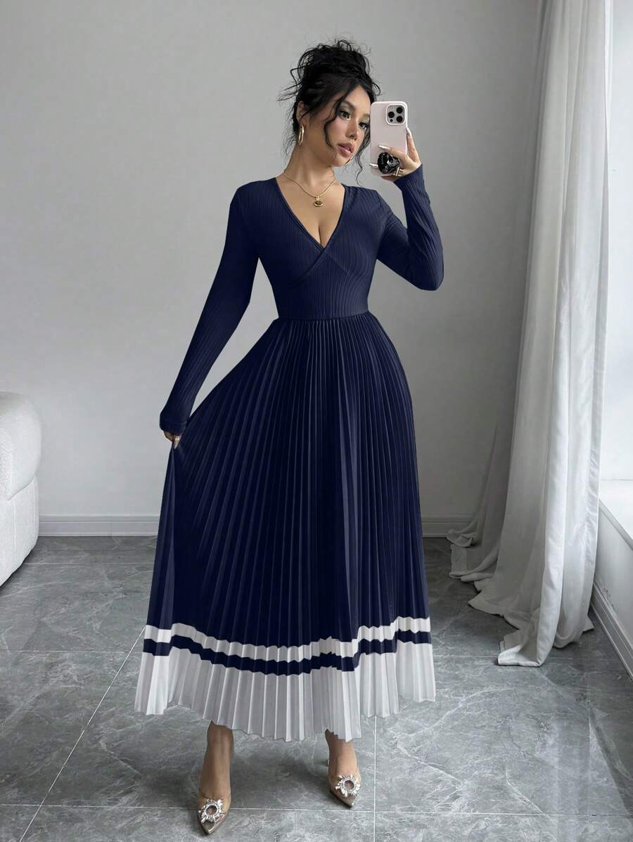 Elenzga V-Neck Pleated Color Block A-Line Everyday Elegant Vintage Dress Maxi Women Outfit