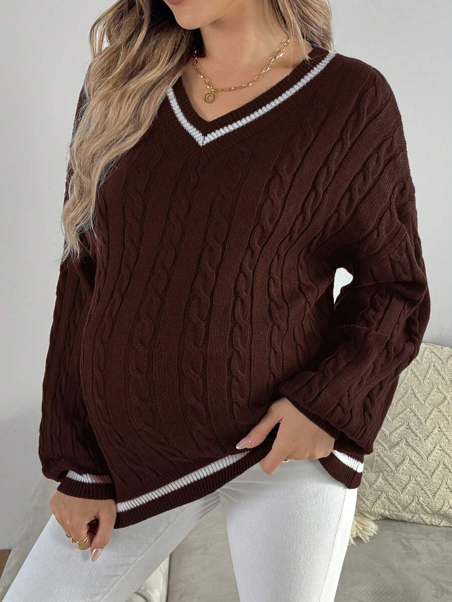 SHEIN Maternity Solid Color Patchwork V-Neck Casual Sweater
