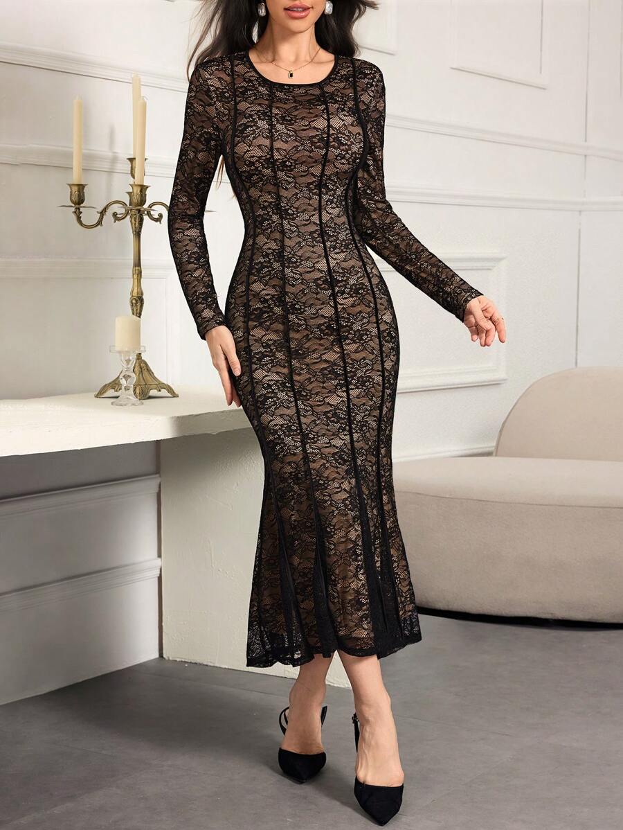 Modelyn Women Simple Round Neck Long Sleeve Long Casual Dress, Daily Wear Long Evening Dresses