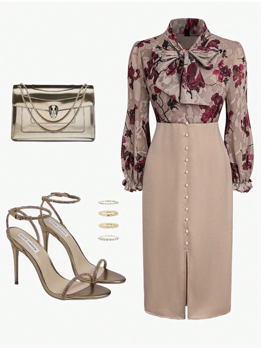 SHEIN Clasi Plus Size Vrouwen Elegante Chiffon Bedrukte Strikkraag Patchwork Enkelrijs Lange Jurk Maxi Vrouwen Outfit