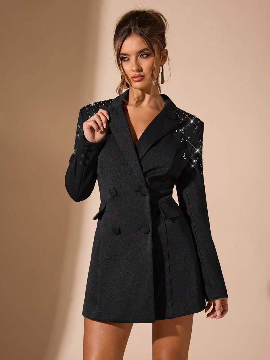 SHEIN BAE Women's Solid Color Fitted Rhinestone Embellished Blazer Dress