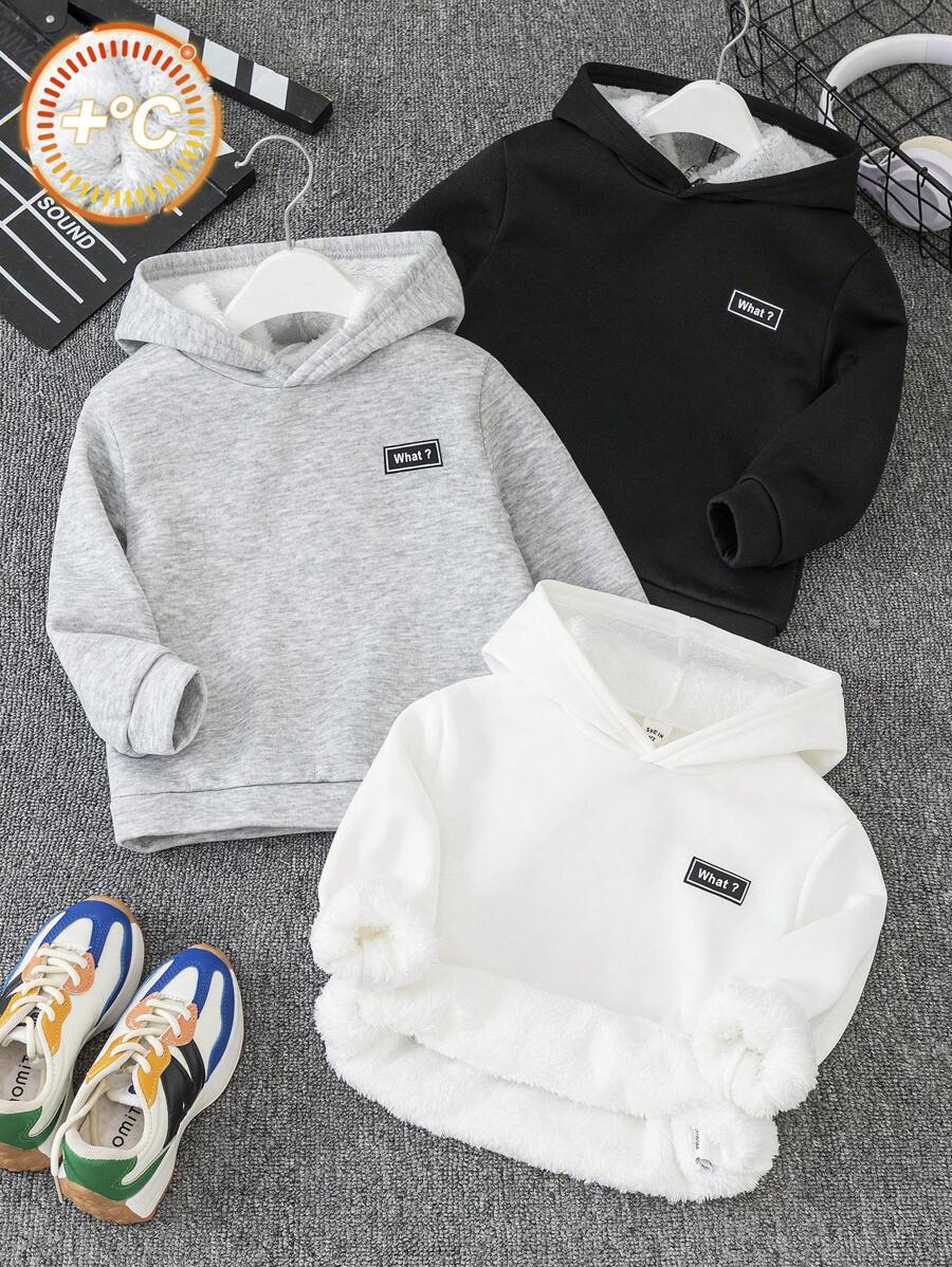 SHEIN 3pcs Young Boys Casual Letter Applique Thermal Lined Solid Color Versatile Warm Hoodie