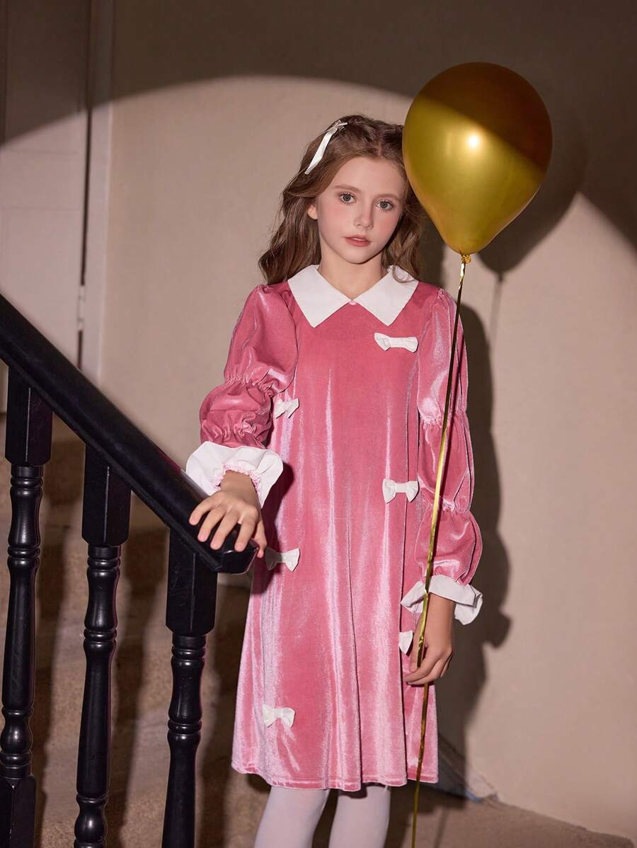 SHEIN Vestido casual de moda de manga larga con manga farol y mariposa rosa para niñas preadolescentes, conjunto a juego de hermanos/hermanas (se venden por separado 2 piezas)