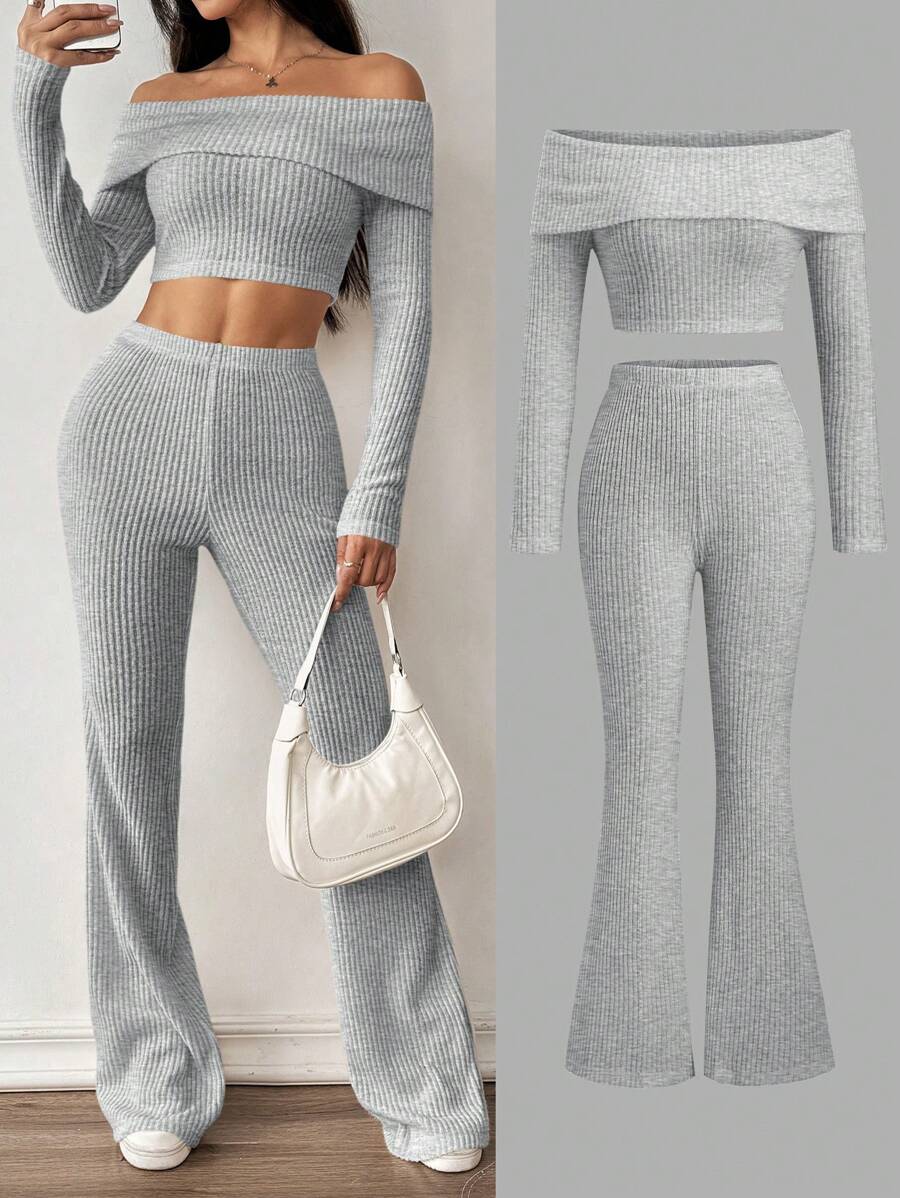 Flirla 2 stuks/set abrikooskleurige textuur ronde hals drop schouder fleece top en rechte pijp casual broek