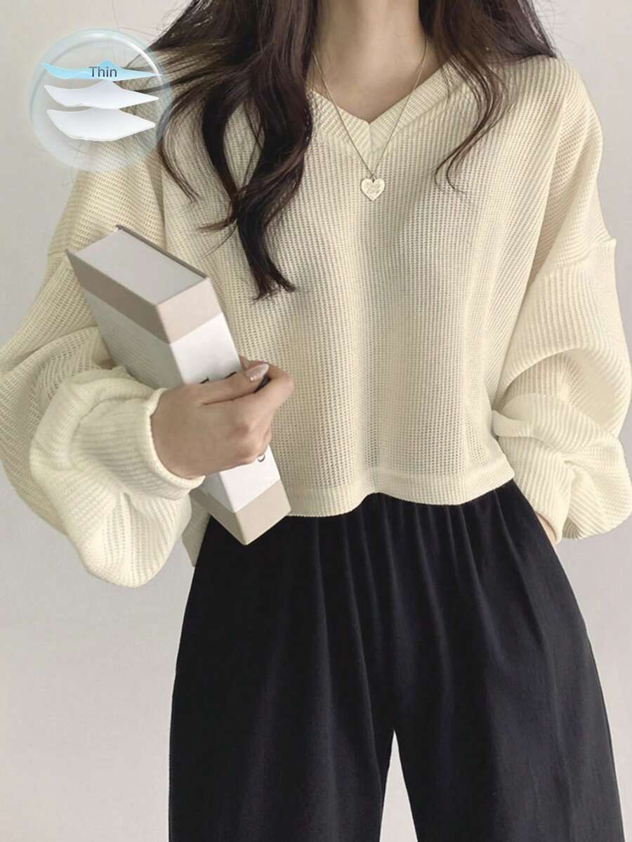 DAZY Women's Solid Color V-Neck Drop Shoulder Long Sleeve T-Shirt