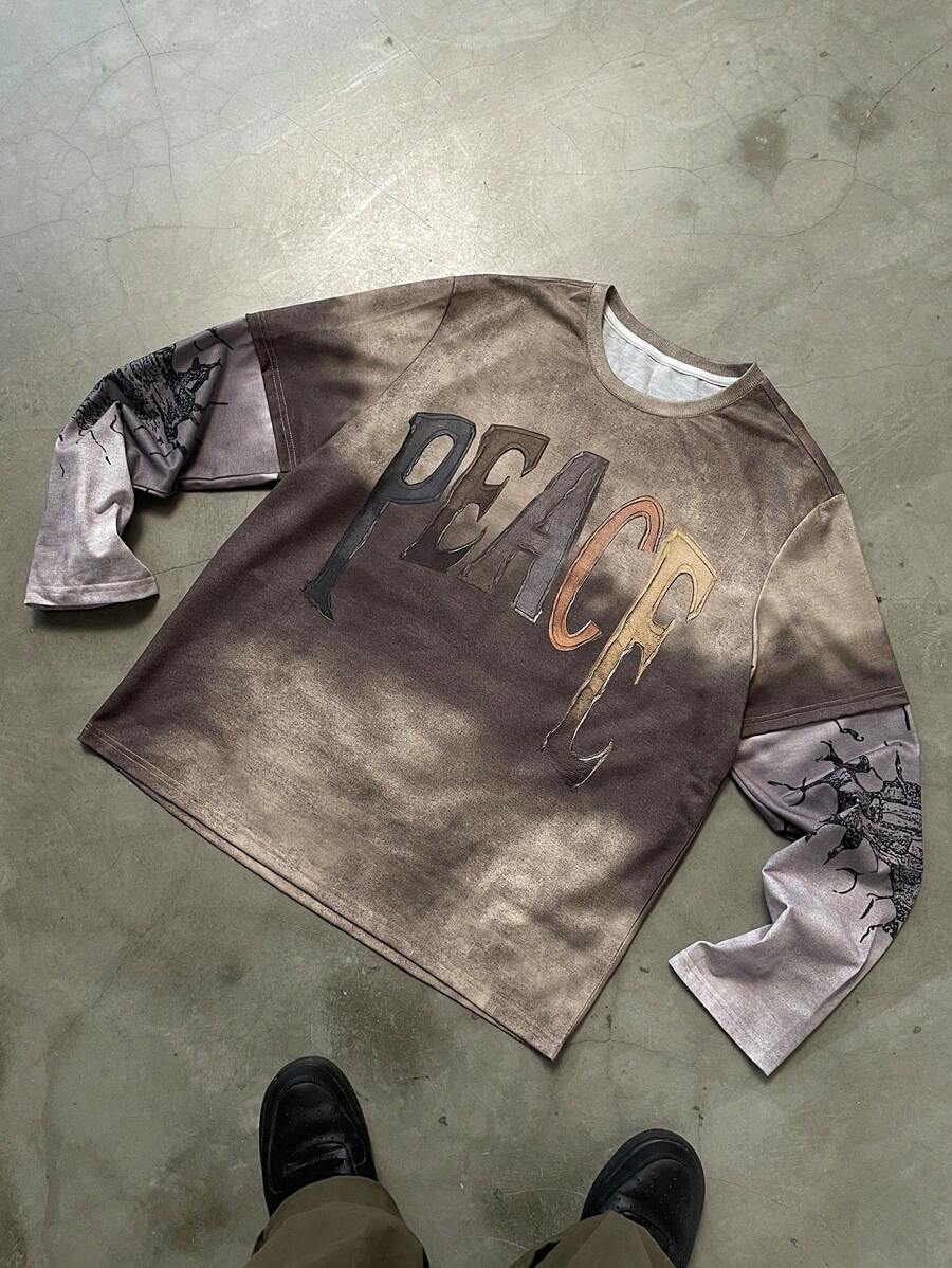 Manfinity EMRG Sudadera casual de cuello redondo de manga larga con gráfico de letras 2 en 1 para hombre