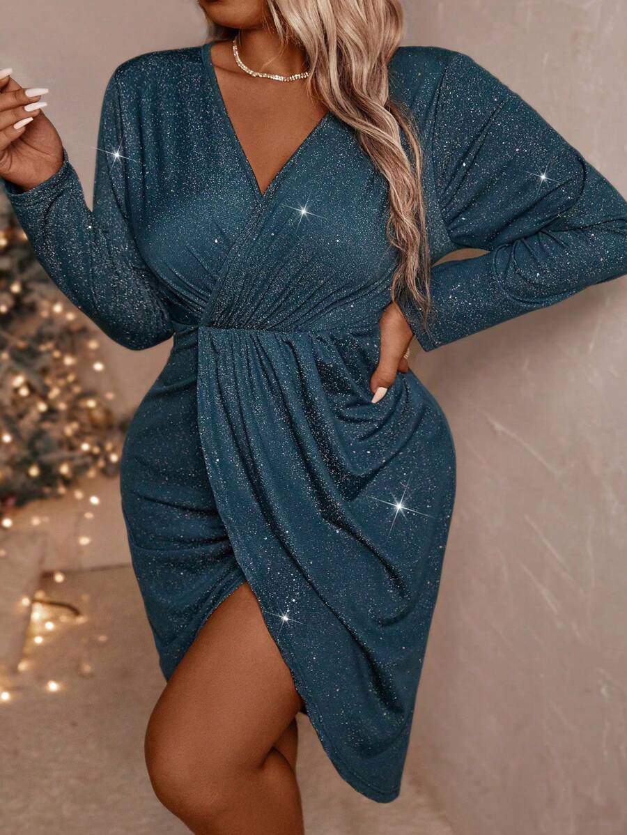 SHEIN CURVE+ Vestido de fiesta elegante de manga larga, de talla grande, con estampado metálico para el Día de San Valentín, para otoño/invierno