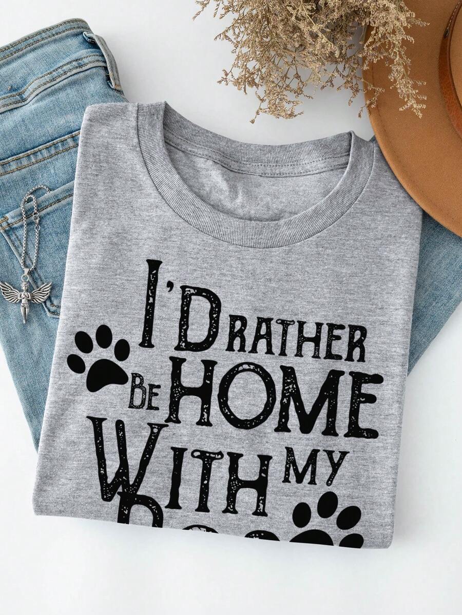SHEIN LUNE Dog Print Slogan Plain Letter & English Graphic Casual Crew Neck Short Sleeve T-Shirt For Women Graphic Tees Women Tops
