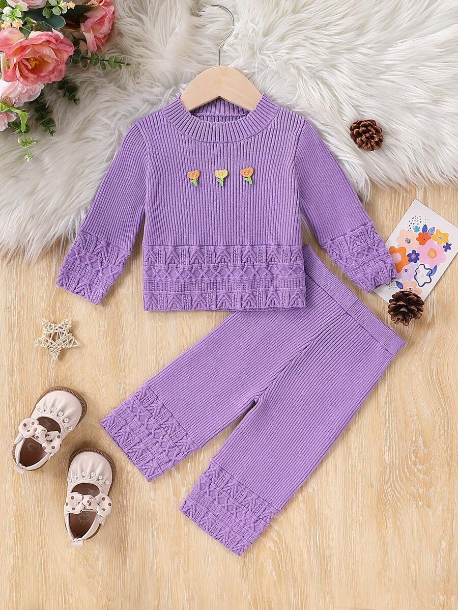 SHEIN Baby Girl Floral Applique Stylish & Cute Long Sleeve Top And Elastic Waist Pants 2 Pieces Knit Sweater Set