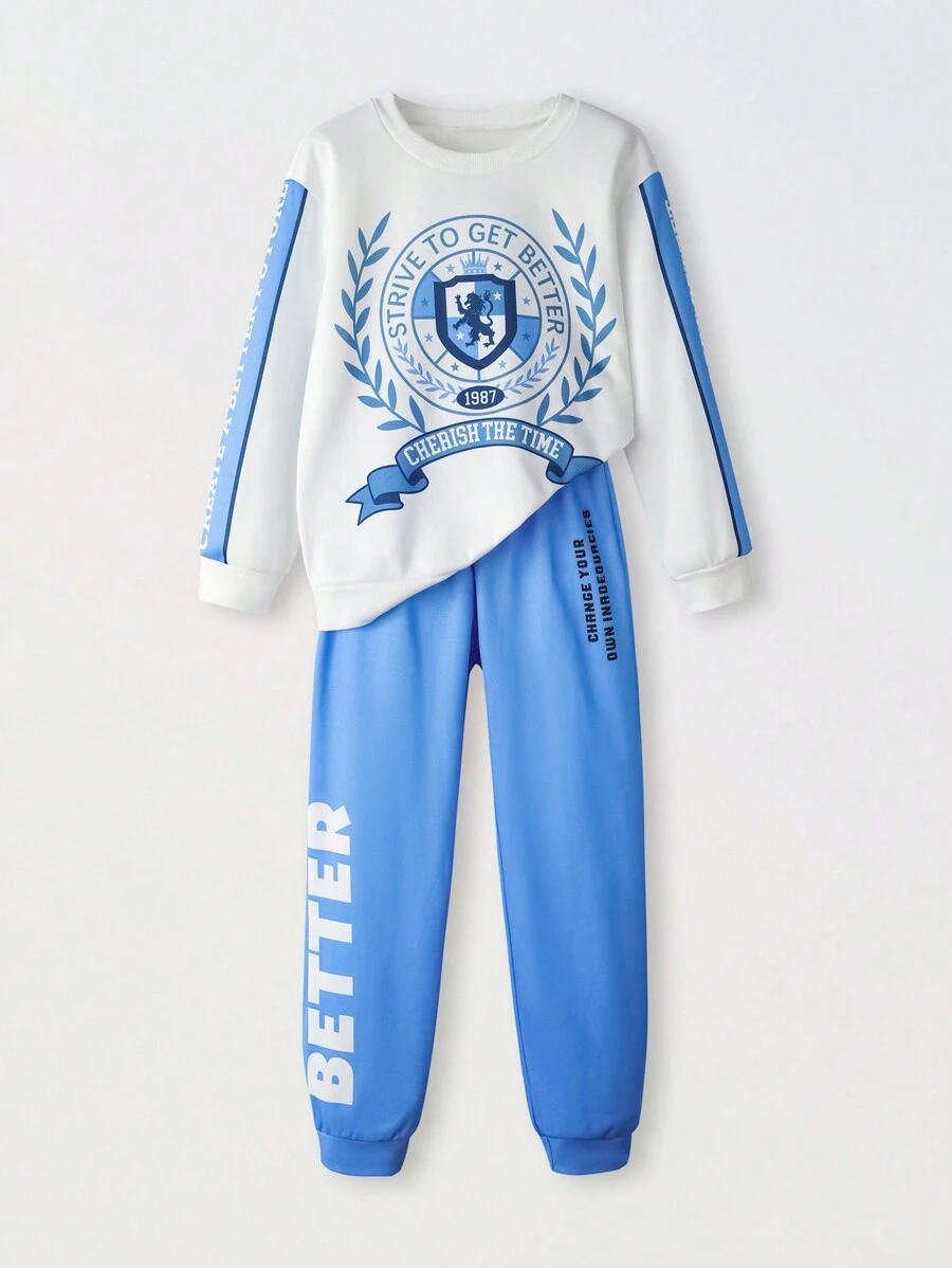 SHEIN 2pcs Tween Boys Casual Big Logo Print Long Sleeve Hoodie And Sweatpants Set