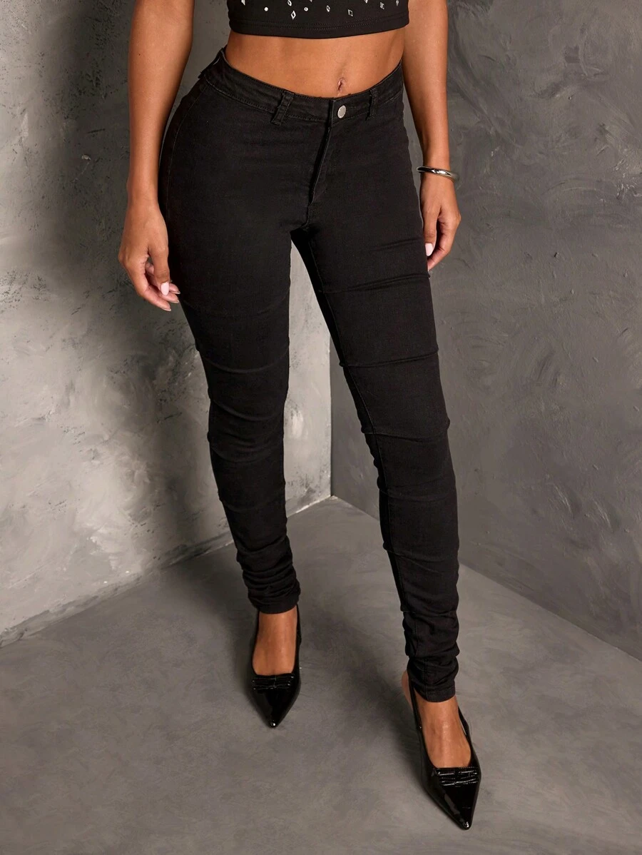 SHEIN BAE Pantalones vaqueros negros ajustados de tiro alto con estirado sexy para mujer para fiestas