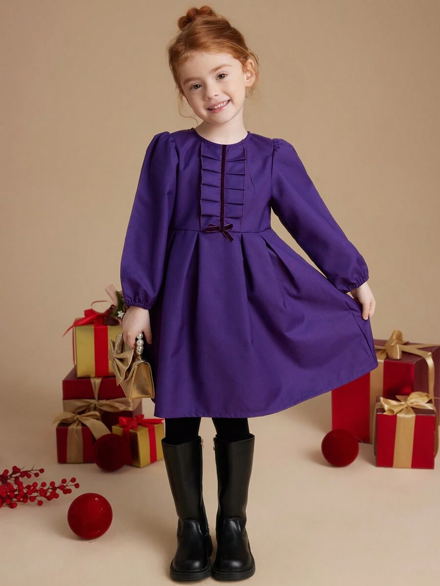PrepCrw Young Girls' Autumn/Winter Academia Style Navy Blue Bowknot Woven Cinched Waist A-Line Ruffle Hem Round Neck Dress