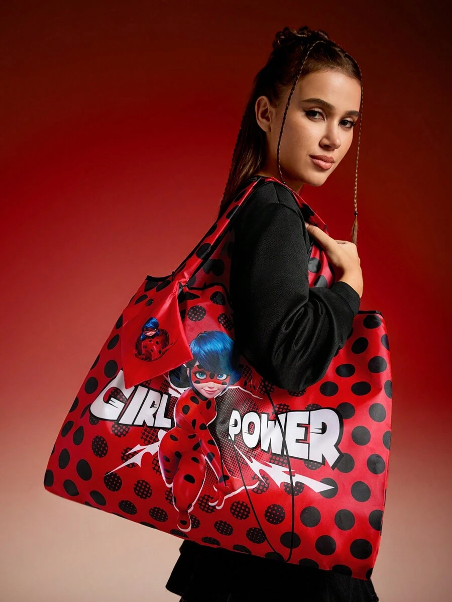 Miraculous Ladybug X SHEIN Cartoon Character And Polka Dot Print Foldable Reusable Shopping Bag