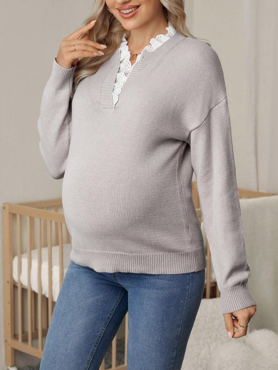 SHEIN Pregnant Women Autumn/Winter Casual Contrast Color Lace Trim Sweater