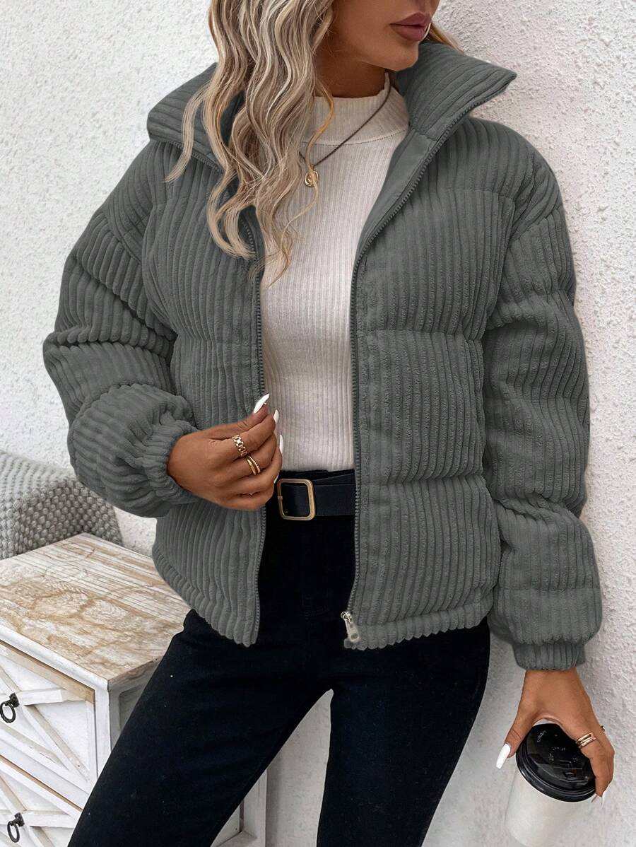 SHEIN LUNE Abrigo acolchado de pana de color liso informal, para otoño/invierno