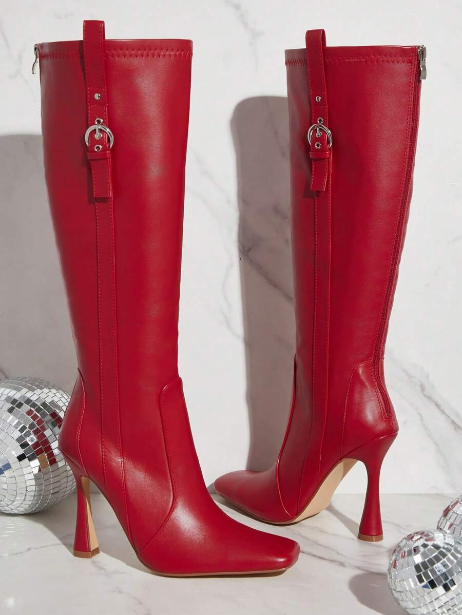 SHUZIA Women's Buckle Belted Square Toe Knee High Heeled Boots New Year Holiday Valentines