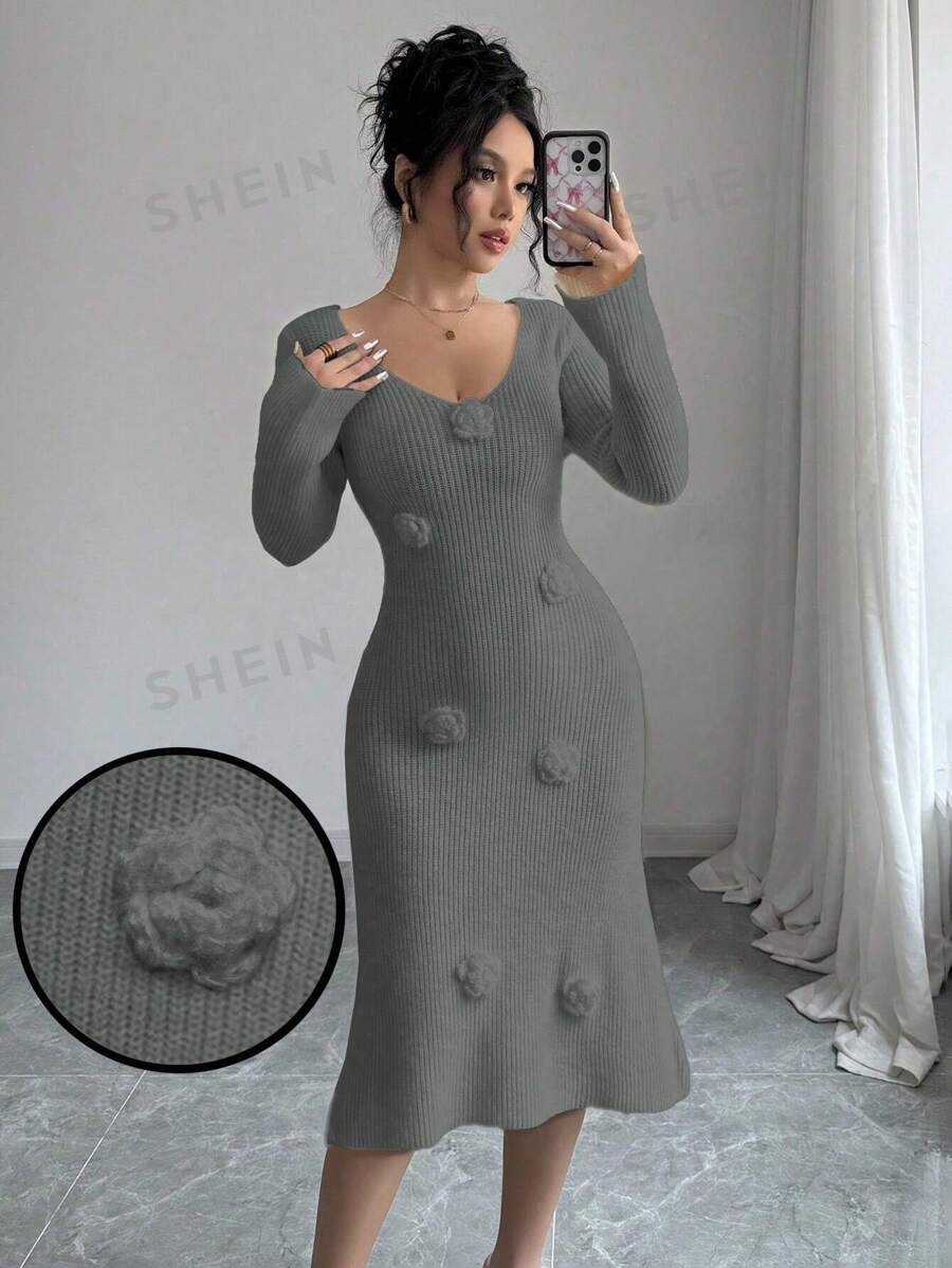 Calvaya Vestido suéter de manga larga con escote en V de unicolor, ajustado, hecho a mano a crochet