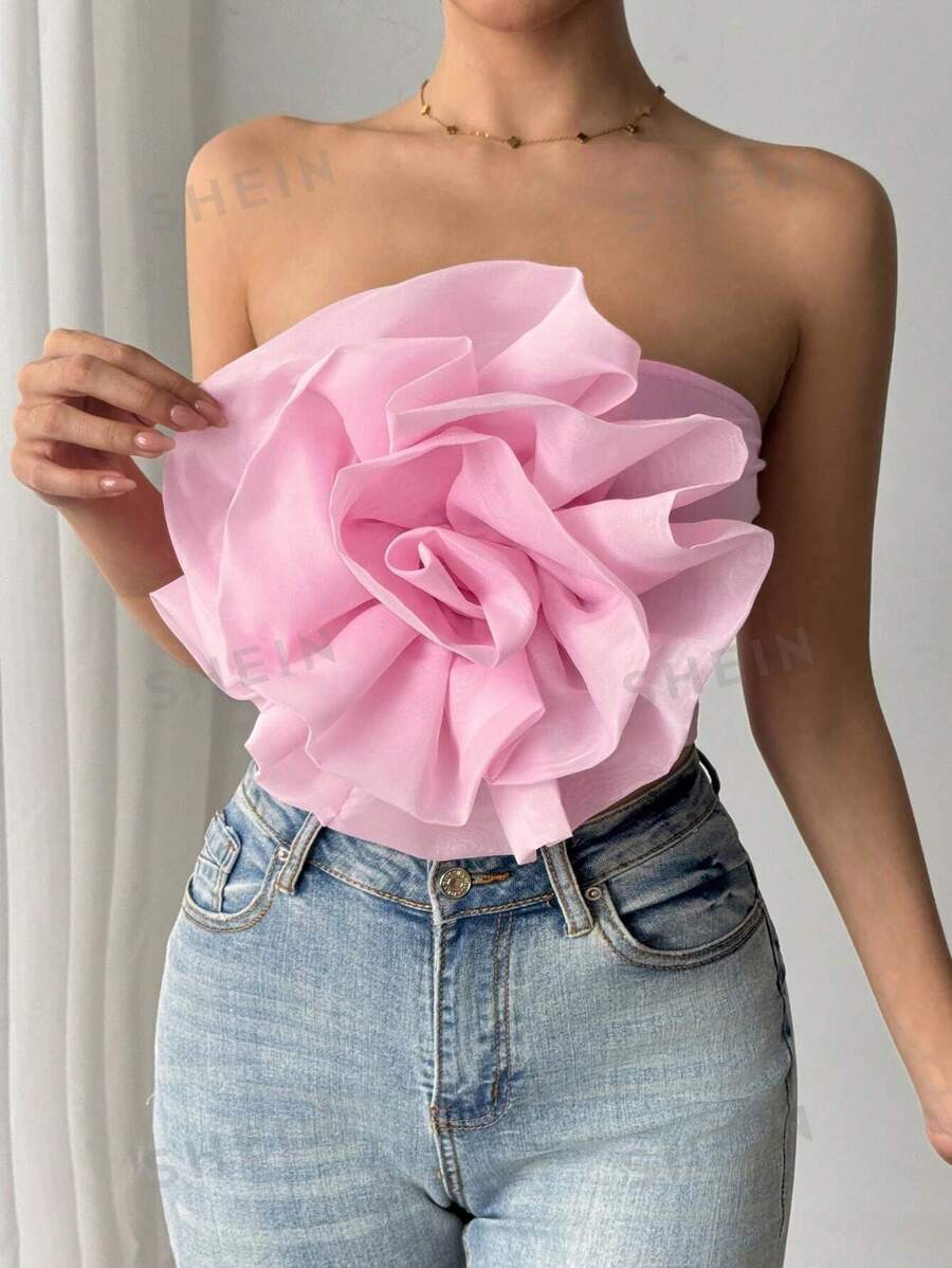 Firerie Top bandeau con flores 3D rosadas elegante de moda para mujer