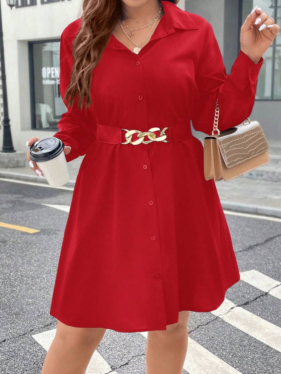 Celure 1pc Women's Long Sleeve Belted Shirt Dress, Casual And Stylish For Daily Wear For New Year Clothes Valentines